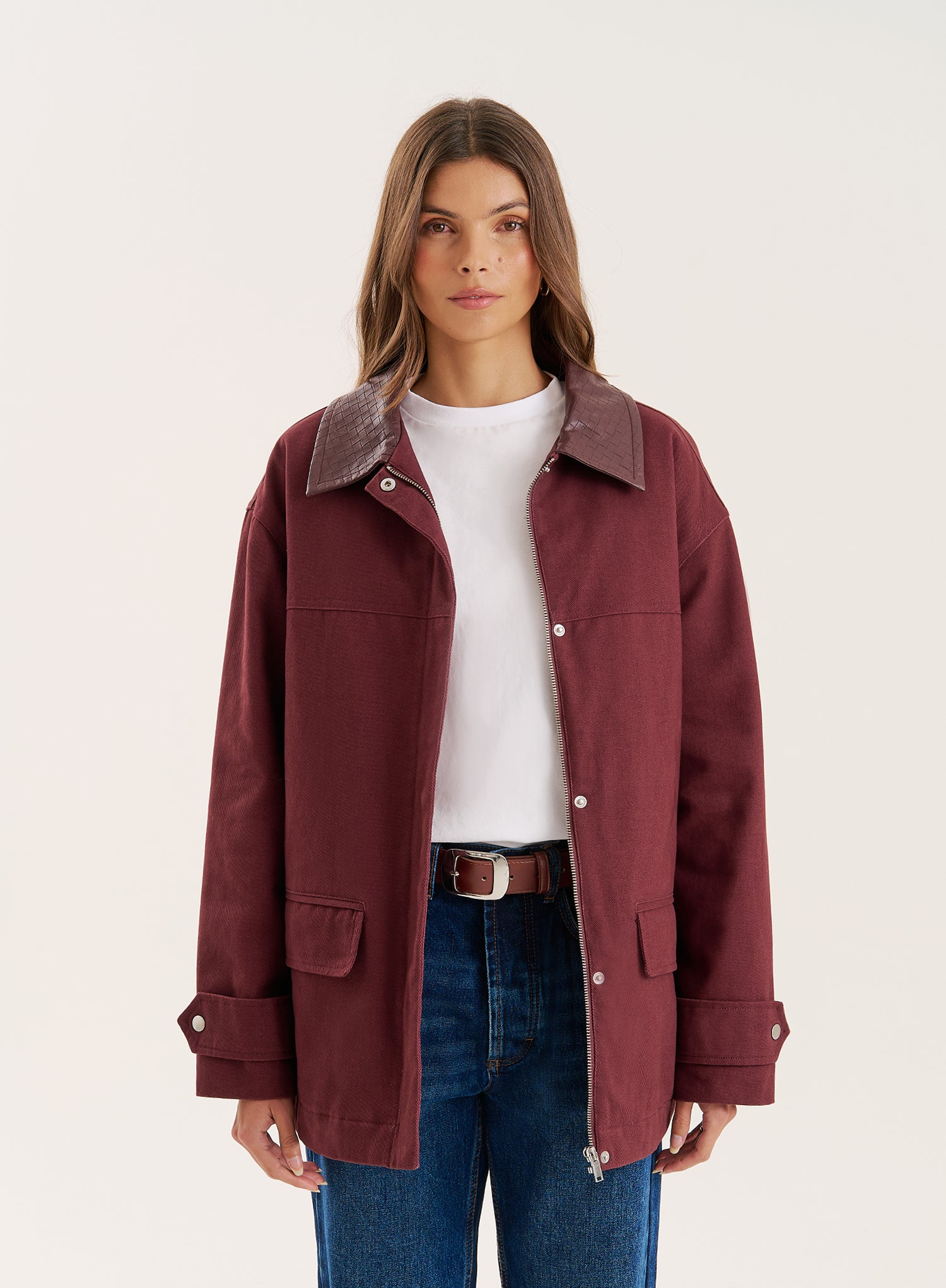 Burgundy Front Pocket Barn Shacket